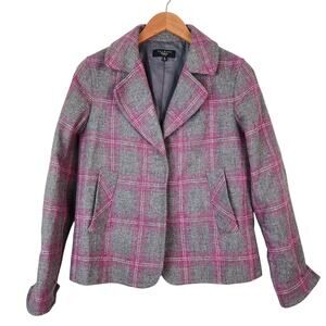 Talbots Gray & Pink Plaid Wool Blazer Size 8 PETITE Button Jacket
